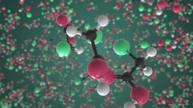 Chloroacetic acid molecule made with balls, conceptual molecular model. Chemical looping 3d animation