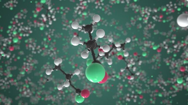 Butyryl chloride molecule. Conceptual molecular model. Chemical looping 3d animation