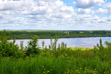 View of the water of a river or lake and the shore with grass and trees on a cloudy spring day