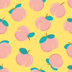 Sexy peaches seamless pattern. delicious peaches randomly located on a yellow background. Chubby Peach with leaf pattern for fabric, paper, textile, cover, notebook. Vector peach modern illustration.