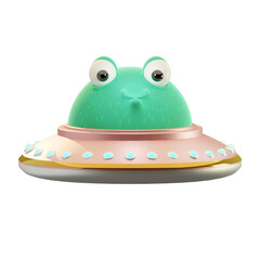 Alien vert 3d drôle et souriant dans une soucoupe volante vintage . Ovni 