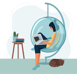 Girl with laptop sitting on a chair at home with a cat. Freelance or training concept. Woman with stock chart on the laptop screen. Cute illustration in flat style.