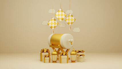 Islamic display decoration composition with 3d traditional bedug drum gift boxes and arabic lanterns