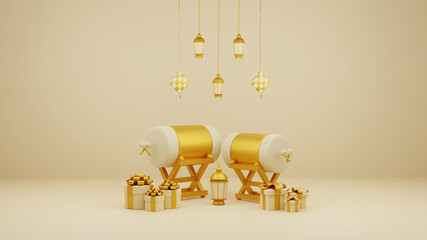 Islamic display decoration composition with 3d traditional bedug drum gift boxes and arabic lanterns