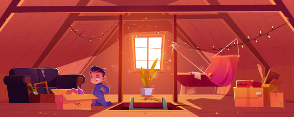 Child on attic, little boy found old toys in box © klyaksun