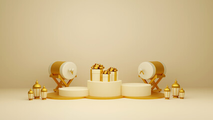 Islamic display decoration composition with 3d traditional bedug drum gift boxes and arabic lanterns
