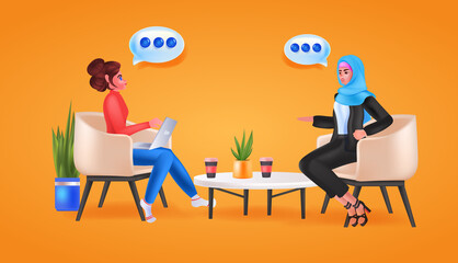 businesswomen discussing during meeting chat bubble communication concept horizontal full length