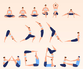 Yoga classes, various poses, pair classes. Relax, workout. Vector illustration