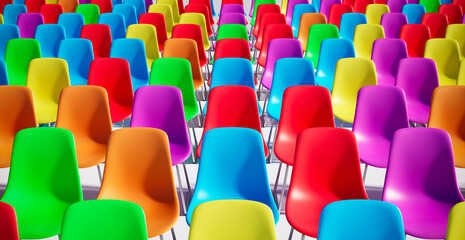 Fototapeta premium Group of rainbow colored chairs - 3D Illustration