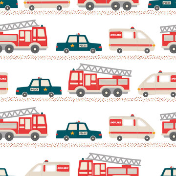 Rescue vehicles seamless pattern. Vector childrens illustration of ambulance, police and fire truck in simple hand drawn style. Design for children's clothing, textiles, paper, nursery wallpaper.