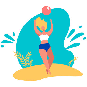 Young woman on the beach playing with ball. Vector illustration in flat cartoon style.