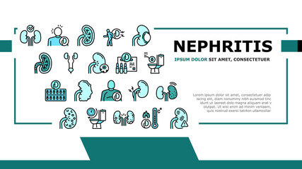 Nephritis Kidneys Landing Web Page Header Banner Template Vector. Kidneys Stones And Infection, Cancer And Cyst, Bloody Urine And Frequent Urination Illustration