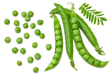 Fresh green pea pods with green peas isolated on white background. clipping path. top view