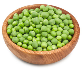 Fresh green pea pods in wooden bowl isolated on white background. clipping path