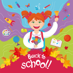 Back to school concept. Schoolgirl in a school uniform holding a bouquet of flowers ringing bell, school learning symbols, autumn leaves. Vector illustration, cartoon, character, icons, background