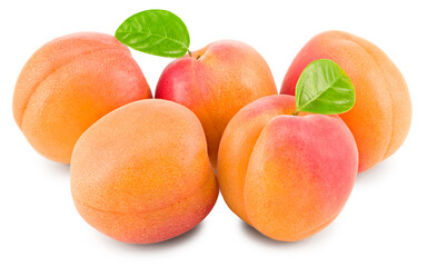 apricot fruits with green leaf isolated on white background. clipping path