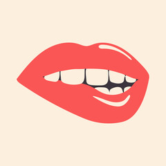 Women's lips are sexy with red lipstick with white teeth. Flirtatious mouth of a girl on a pink background. Print for T-shirts, decorative pillows. Vector.