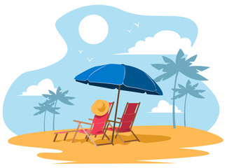 Fototapeta na wymiar Sunny beach with sun loungers. Vector flat illustration