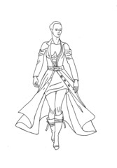 Woman in leather suit and trenchcoat isolated on the white background. Handdrawn monochrome illustration