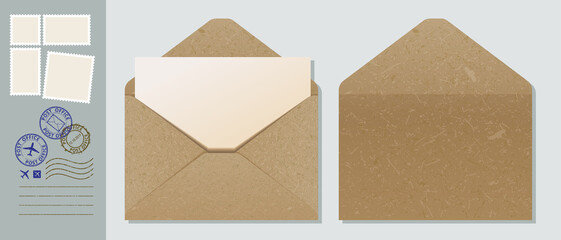 Craft paper envelope with Postage Stamps vector illustration. Envelope mock up. - obrazy, fototapety, plakaty