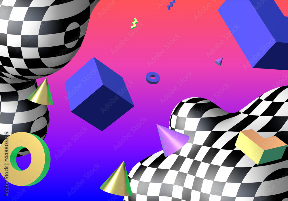 Poster Abstract background with flying colorful 3D geometric shapes over vibrant gradient backdrop. Lush and bold colored abstraction with checkered shape in 90s style.