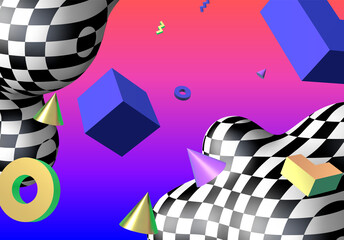 Abstract background with flying colorful 3D geometric shapes over vibrant gradient backdrop. Lush and bold colored abstraction with checkered shape in 90s style.
