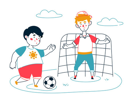 Children playing football - colorful flat design style illustration with line elements