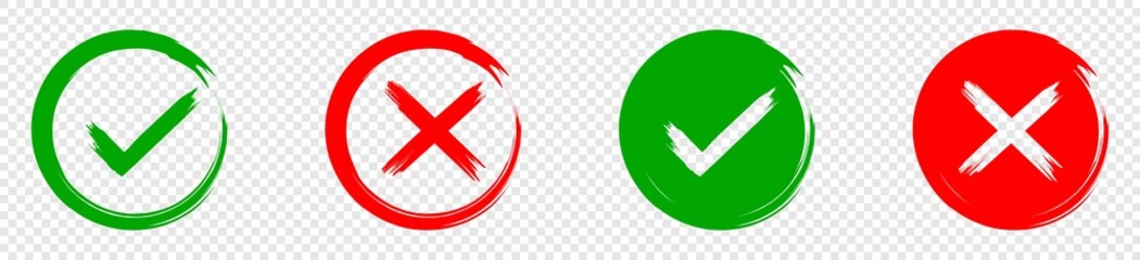 Green check mark icon and red cross mark. checklist signs, approval badge, vector illustration - obrazy, fototapety, plakaty