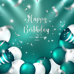 Elegant golden Malachite green silver white ballon and party popper ribbon Happy Birthday celebration card banner template