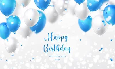 Fotobehang Elegant golden blue silver white ballon and party popper ribbon Happy Birthday celebration card banner template © Phoebe Yu