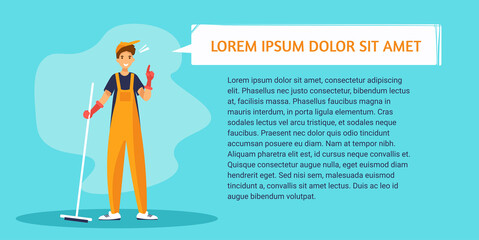 Man janitor pointing finger up. Cleaner in uniform with mop. Banner template with example text
