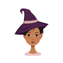 African American woman avatar with black curly hair with emotions of joy and happiness, smile face and wearing a witch hat. Halloween character in costume