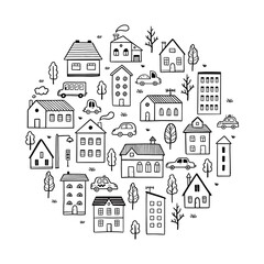 Fototapeta na wymiar Hand drawn cute house. Doodle sketch style town. House building with roof. Vector illustration for village, city background.