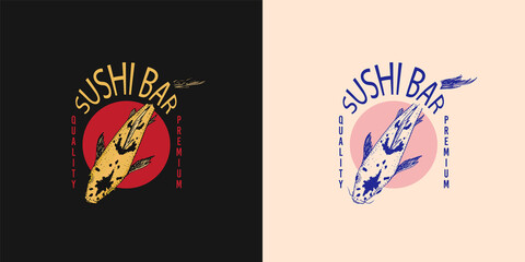 Koi carp and red sun, Japanese fish badge. Korean animal logo. Engraved hand drawn line art Vintage tattoo monochrome sketch for poster or label.