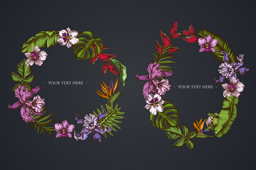 Dark Floral Wreath of monstera, banana palm leaves, strelitzia, heliconia, tropical palm leaves, orchid