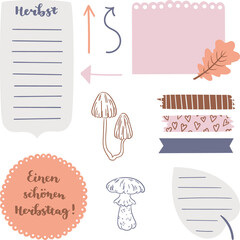 Digital bullet journal note papers and stickers. "Einen schönen Herbsttag!" hand-drawn vector lettering in German, in English means "Have a good Fall or Autumn day!". Vector art