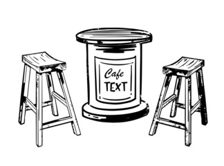 Set of furniture for cafe two chairs and handmade table. Vector hand drawn illustration isolated on white background.