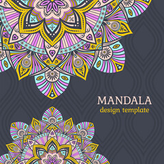 Invitation graphic card with mandalas. Vintage decorative elements. Applicable for covers, posters, flyers, banners. Arabic, islam, indian, turkish, chinese, ottoman motifs. Color vector illustration.
