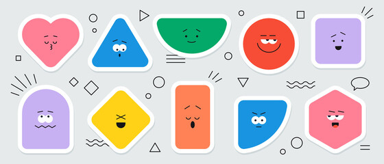 Vector geometric stickers with different face emotions. Cute cartoon characters of heart, triangle, circle, square, rhombus, rectangle and hexagon, colorful various figures.