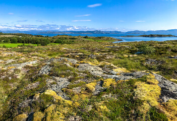 Fototapeta na wymiar Leka island orange-green coastal shoreline with the horizon under blue clear skies. Trondelag county, Norway