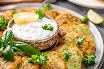 Zucchini pancakes with herbs and sour cream on a plate close-up. Vegetarian dish