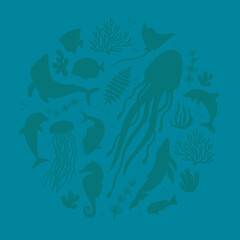 Abstract illustration of summer time concept. Underwater set of silhouettes. .Marine life, coral, seaweed. Flat vector illustration of round shape.