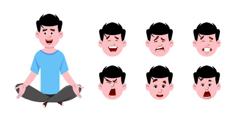 Young man sitting in yoga posture and  meditating. Young man  modern character with different  type  of facial expression .