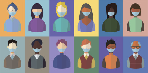 Minimalistic images of people in blue medical masks, woman and man face icon, set of 12 images of different skin colors