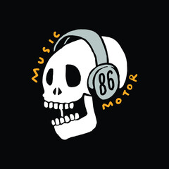 skull head bone icon vector. drawing illustration of a skull with a headphone on. design graphics for a tattoo, icon, symbol, etc.