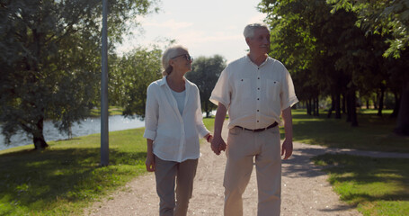 Cheerful senior couple holding hands walking outdoors in park having romantic date