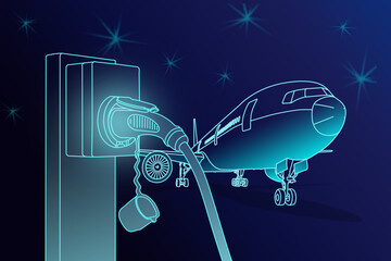 Illustration sketch line and gradient blue color of electric aircraft charger station with plug power cable supply and passenger or cargo  airplane parking on ground on dark blue sky background