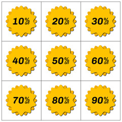 Set of icons with symbols of sale percent from 10 to 90 with shadow on white background. Vector illustration.