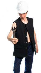 worker in a white helmet and a black vest. holds an adjustable wrench and looks at it. isolated white background