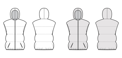 Down vest puffer waistcoat technical fashion illustration with hoody collar, zip-up closure, pockets, wide quilting. Flat template front, back white grey color style. Women, men, unisex top CAD mockup © Vectoressa